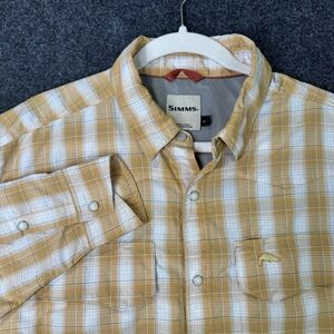 Simms Men's L Plaid Fishing Shirt Pearl Snap Ventilated Long Sleeve Yellow